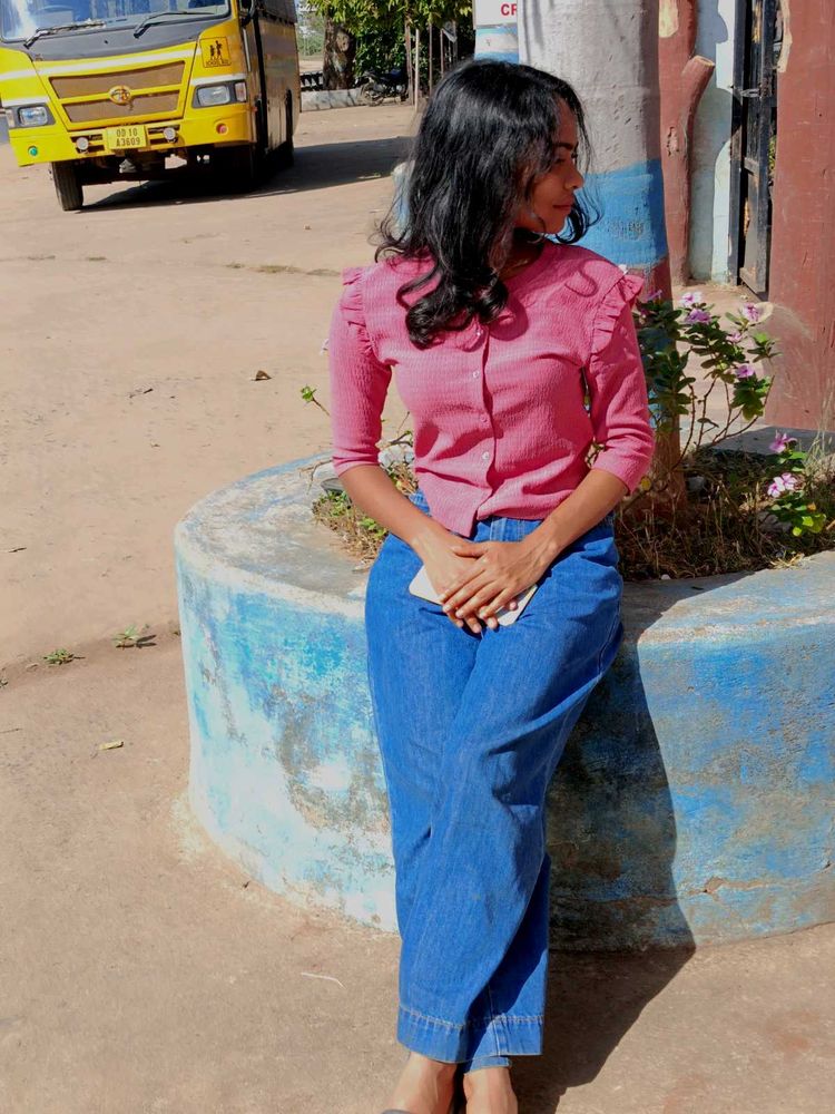 Pink Ruffle Trim Cardigan &amp; High Waisted Jeans