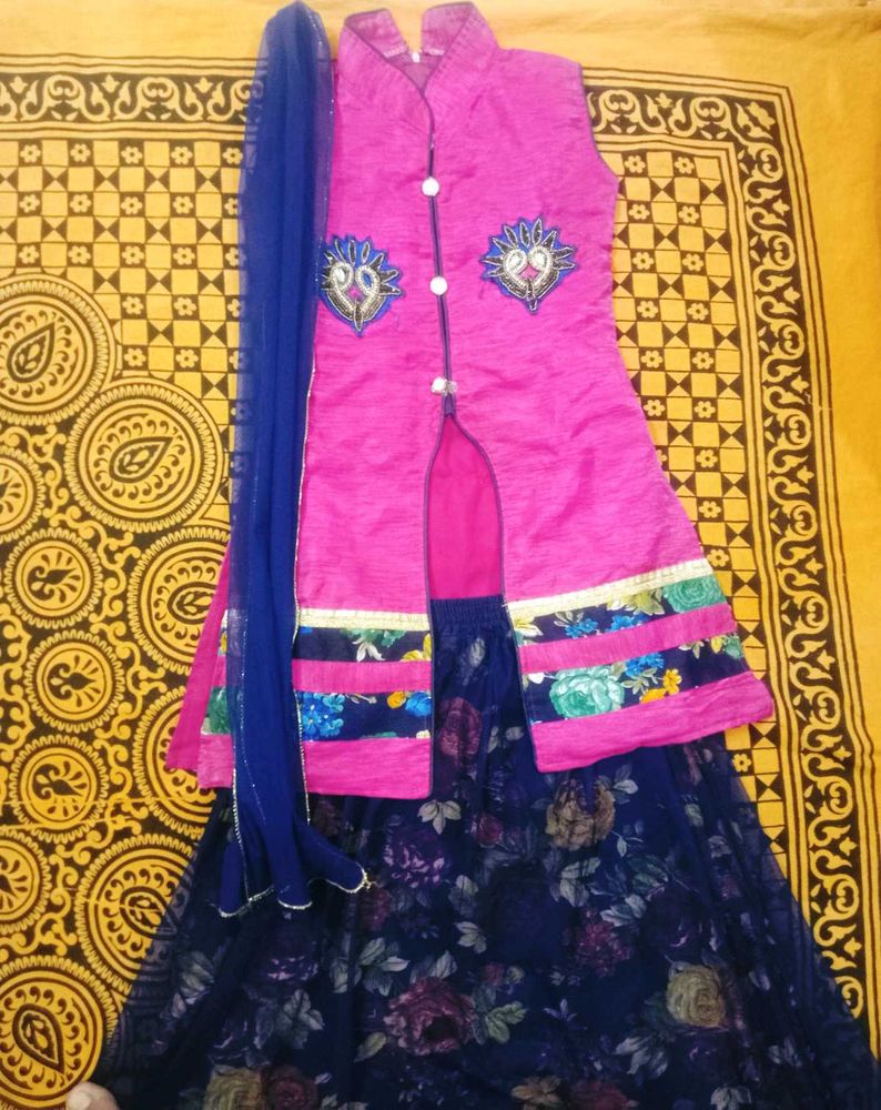 Girls Pink &amp; Navy Lehenga Choli