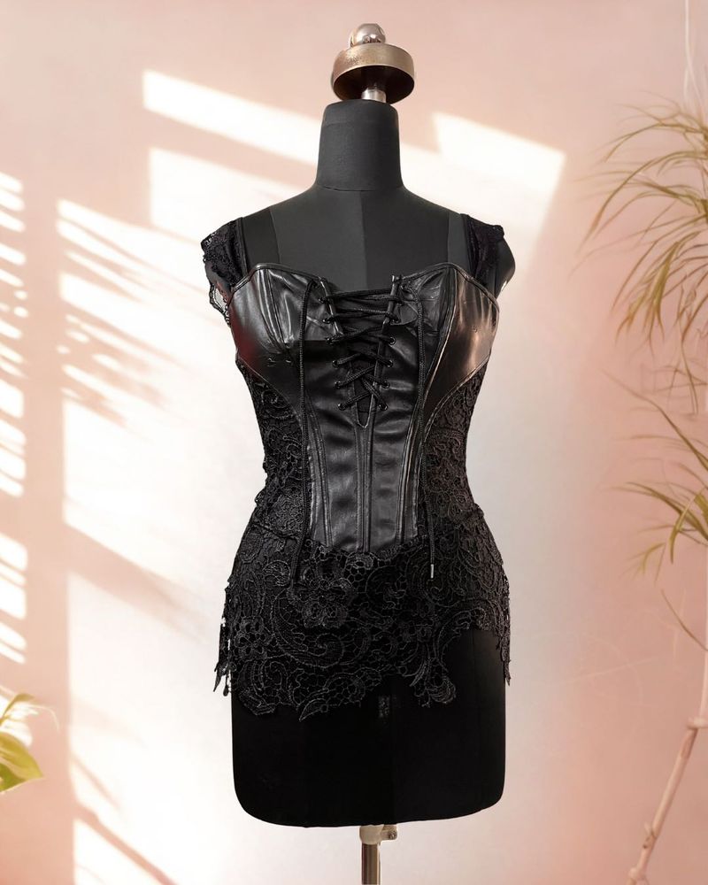 Black Lace Detailing Faux Leather Chain Up Corset