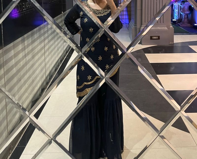 Elegant Black &amp; Gold Embroidered Sharara Suit