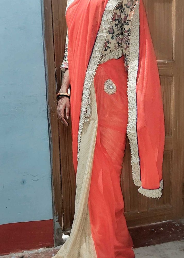 Orange &amp; Beige Embroidered Saree