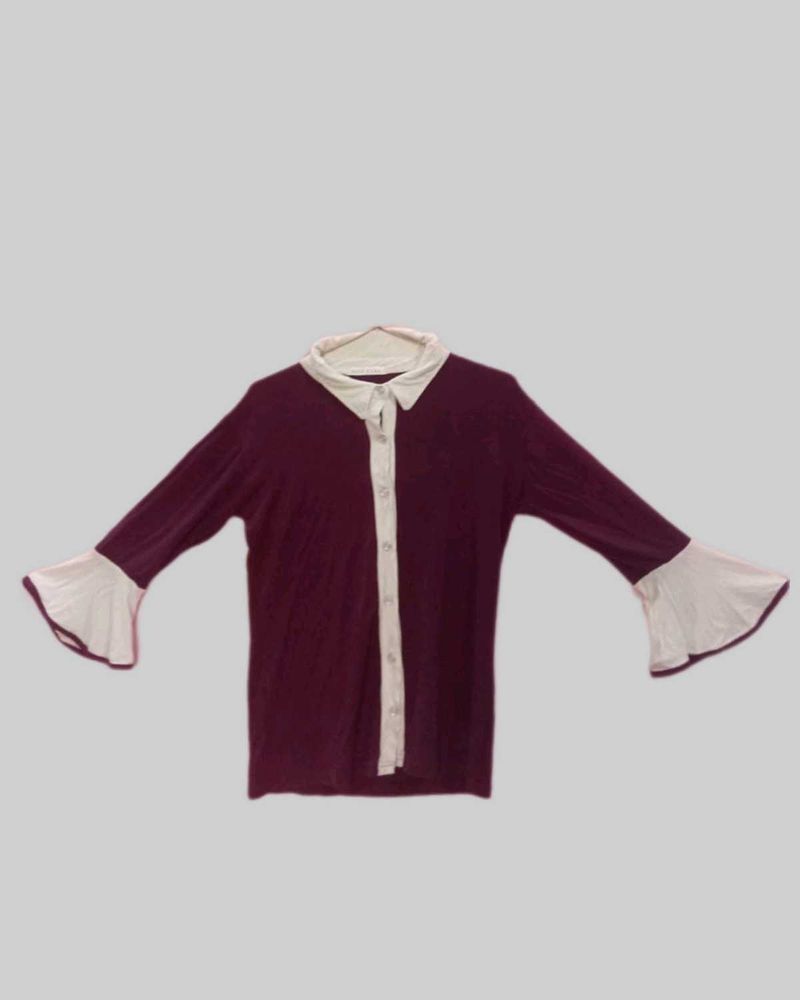 Stylish Burgundy &amp; White Flared Sleeve Top