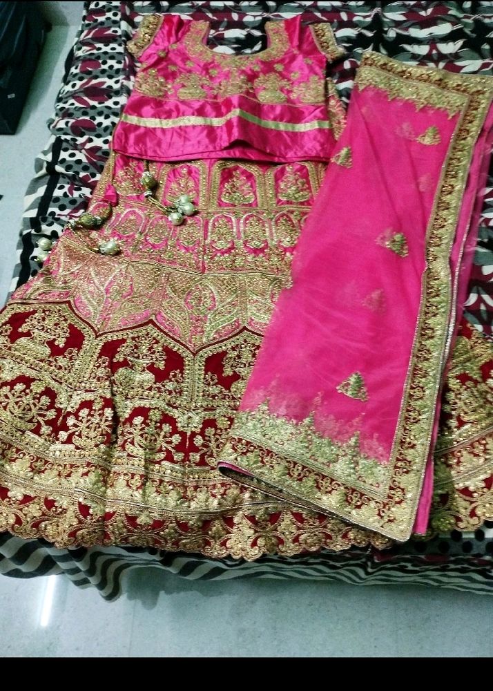 Pink &amp; Gold Embroidered Lehenga