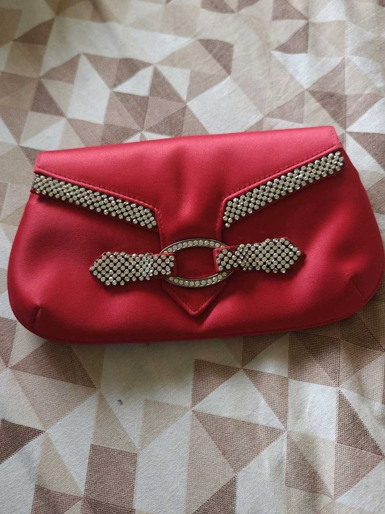 Red Satin Clutch With Diamond Work