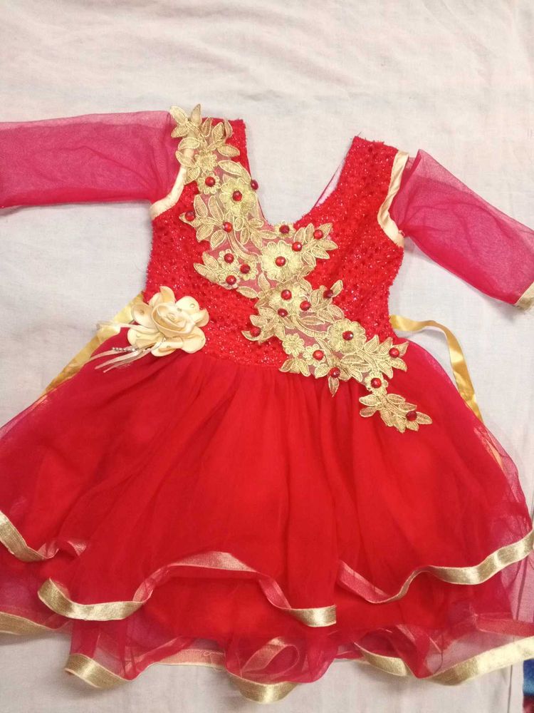 Red Party Dress with Gold Appliques