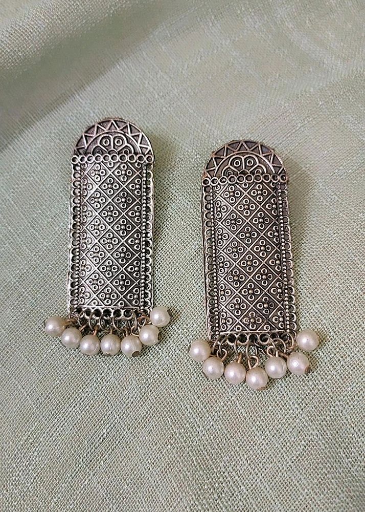 White Beads Oxidised Silver Dangler Earrings