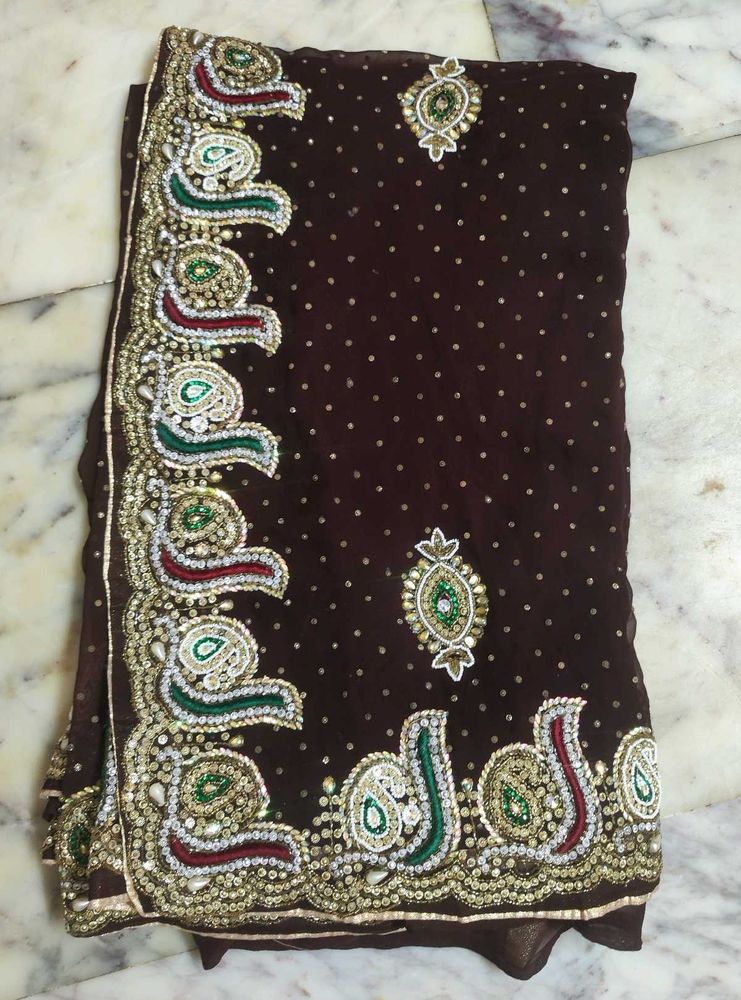Heavy Work Brown Saree🤩