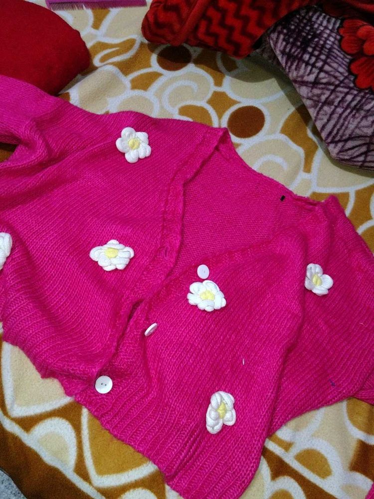Pink Knit Cardigan w/ Flowers
