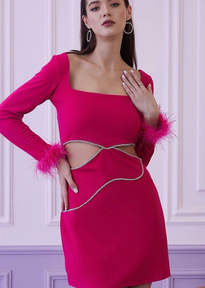 Pink Feather Trim Mini Dress