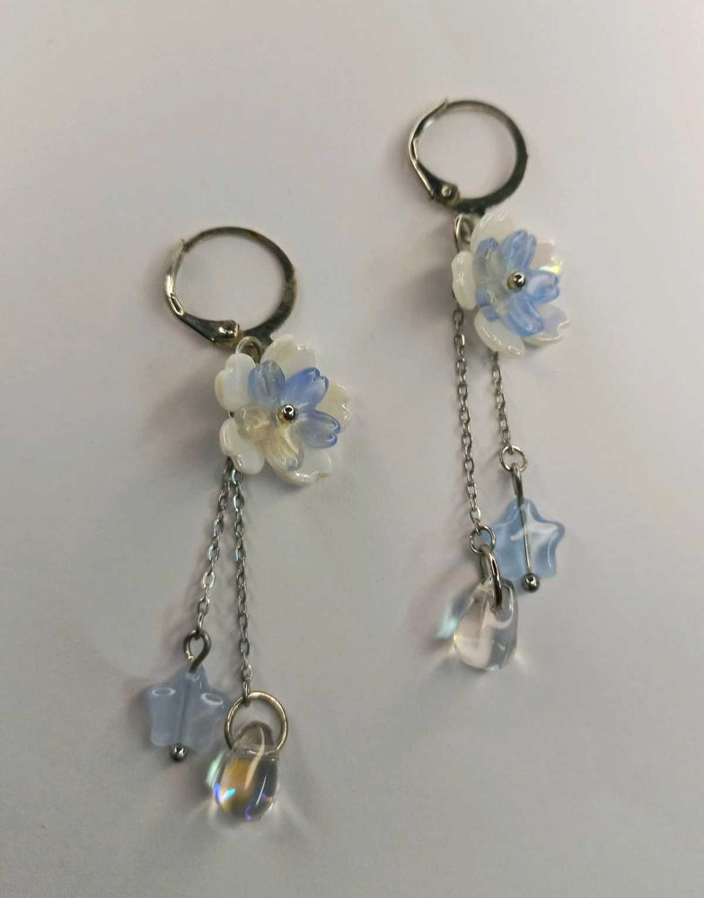 Handmade Blue Floral Star Drop Hoop Earrings