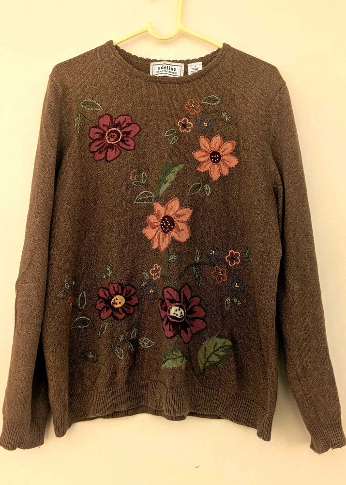 Floral Embroidered Brown Sweater