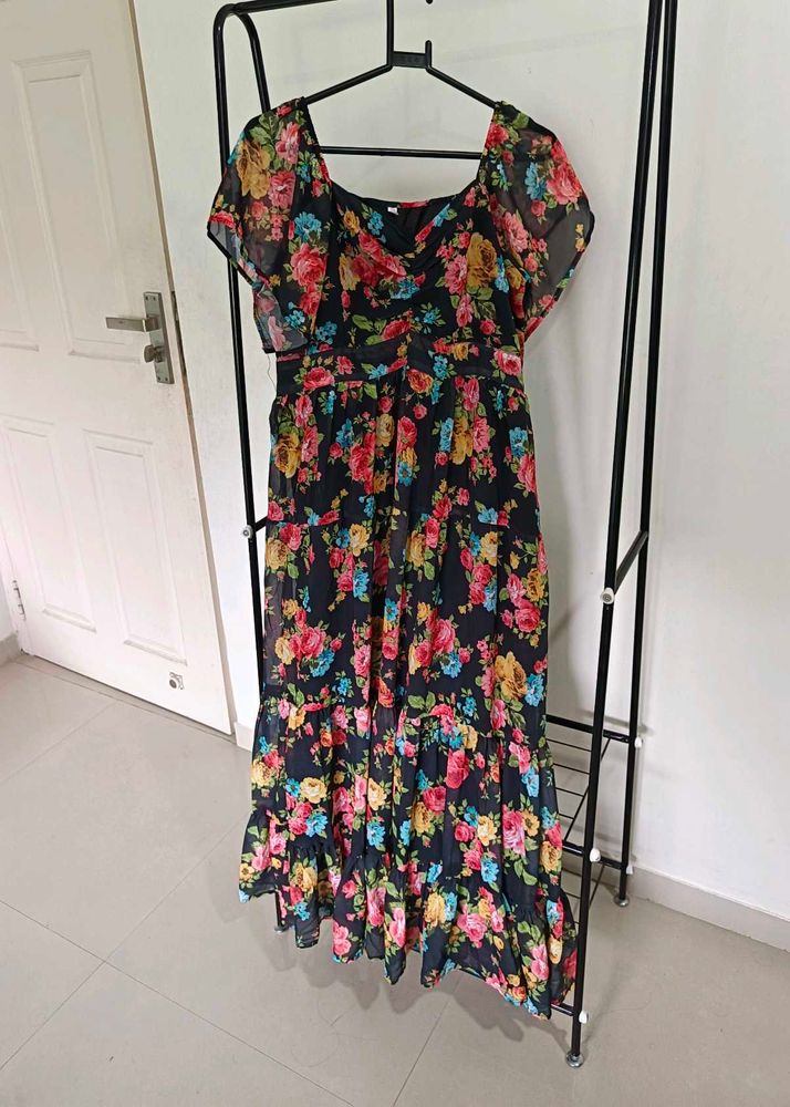 Floral Print Black Long Dress