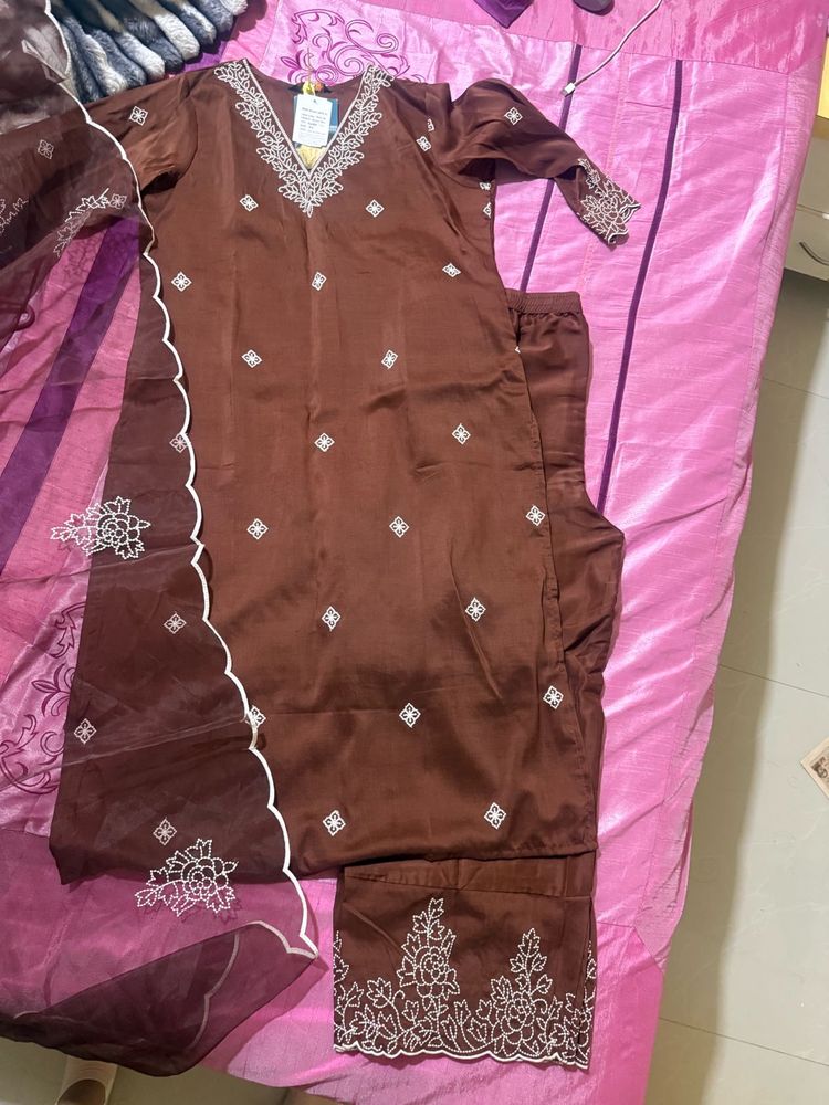 Elegant Brown Embroidered Kurta Set