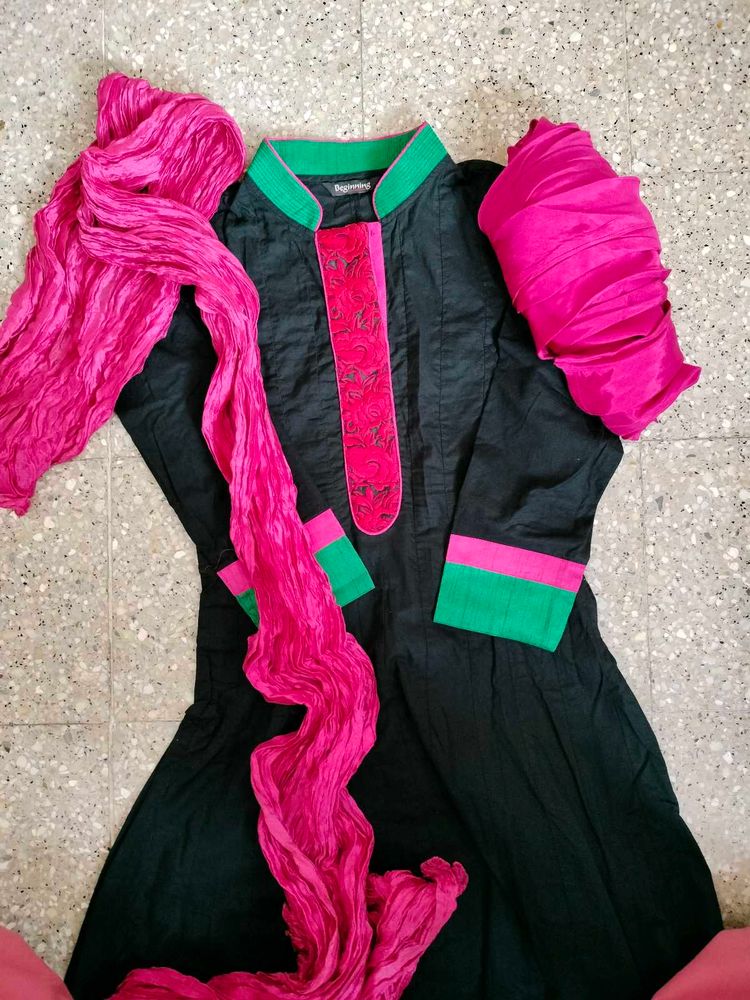 Black Pink Green Anarkali Suit