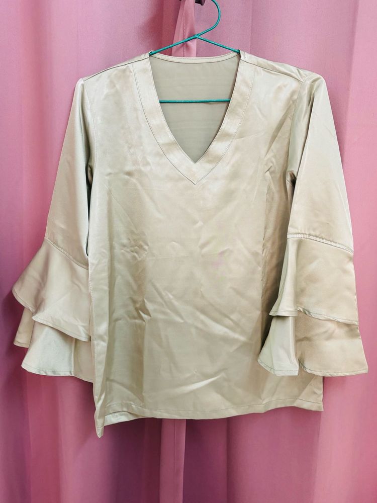 Satin Lime Green V-Neck Top