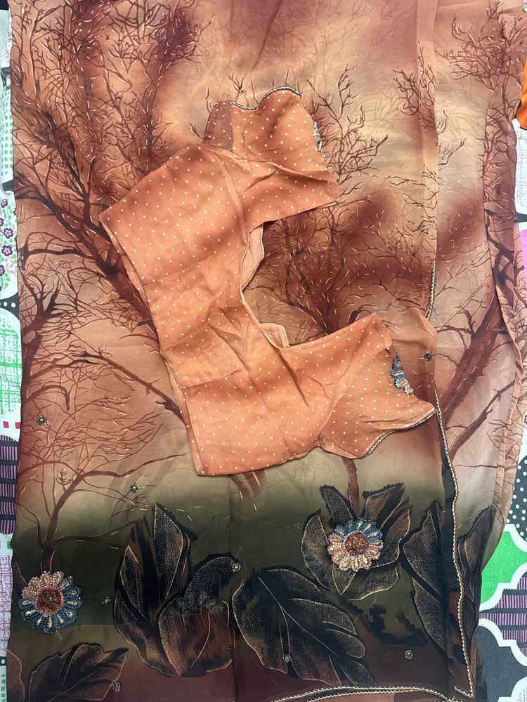 Stylish Brown &amp; Green Printed Saree with Floral Wo