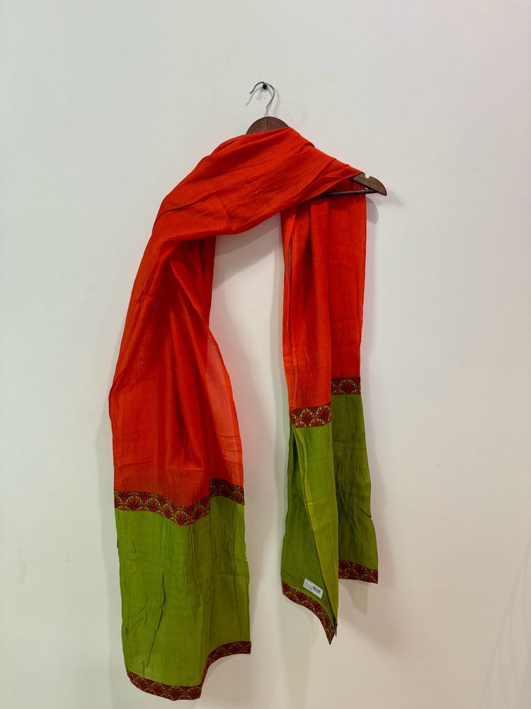 Suvasa Green Orange Chanderi Cotton Dupatta