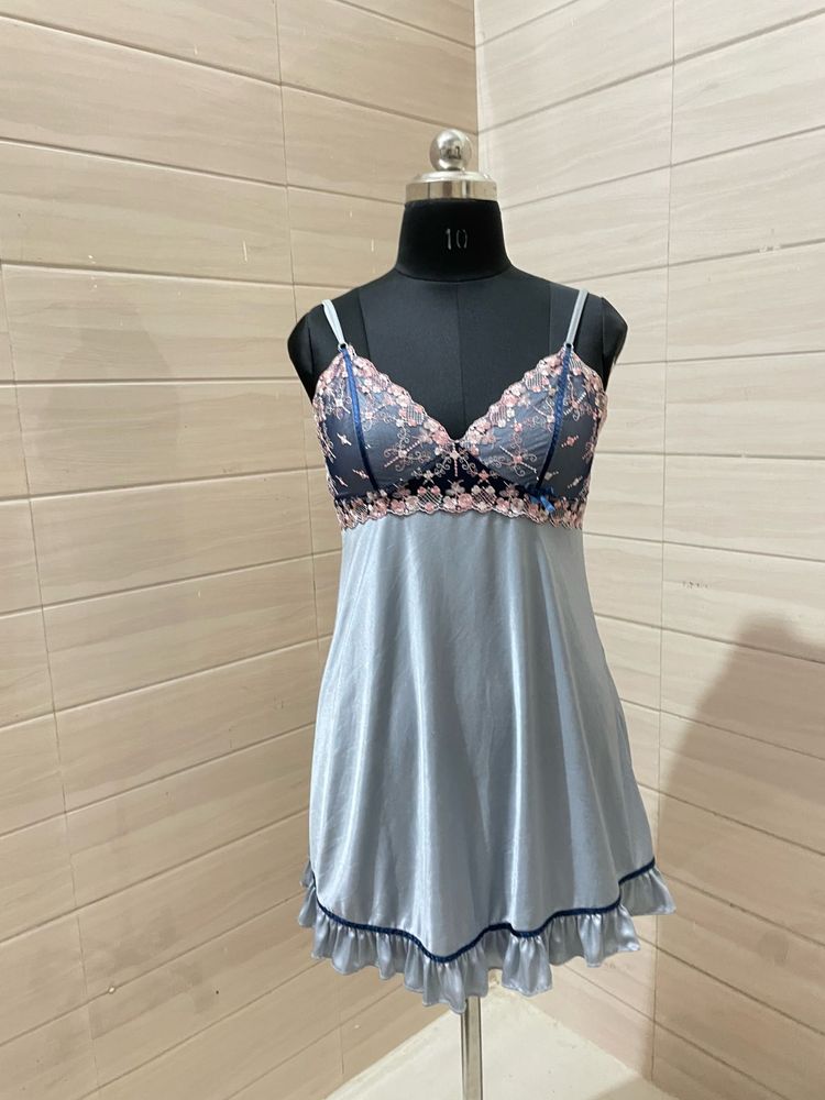 Blue Floral Lace Trim Nightgown