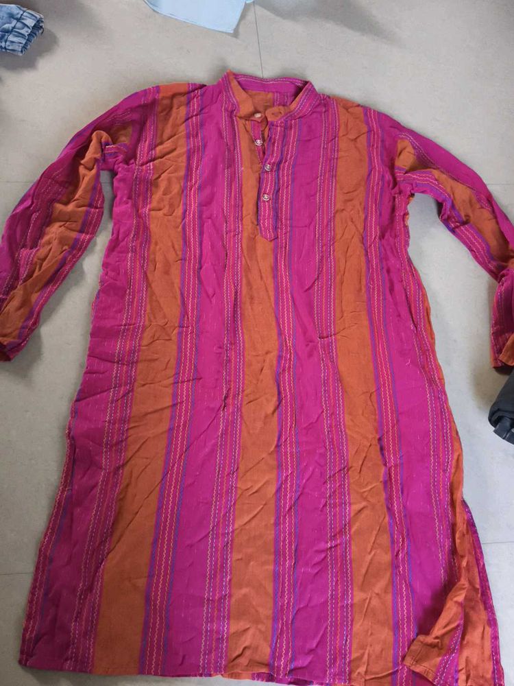 Striped Pink &amp; Orange Kurta For Men