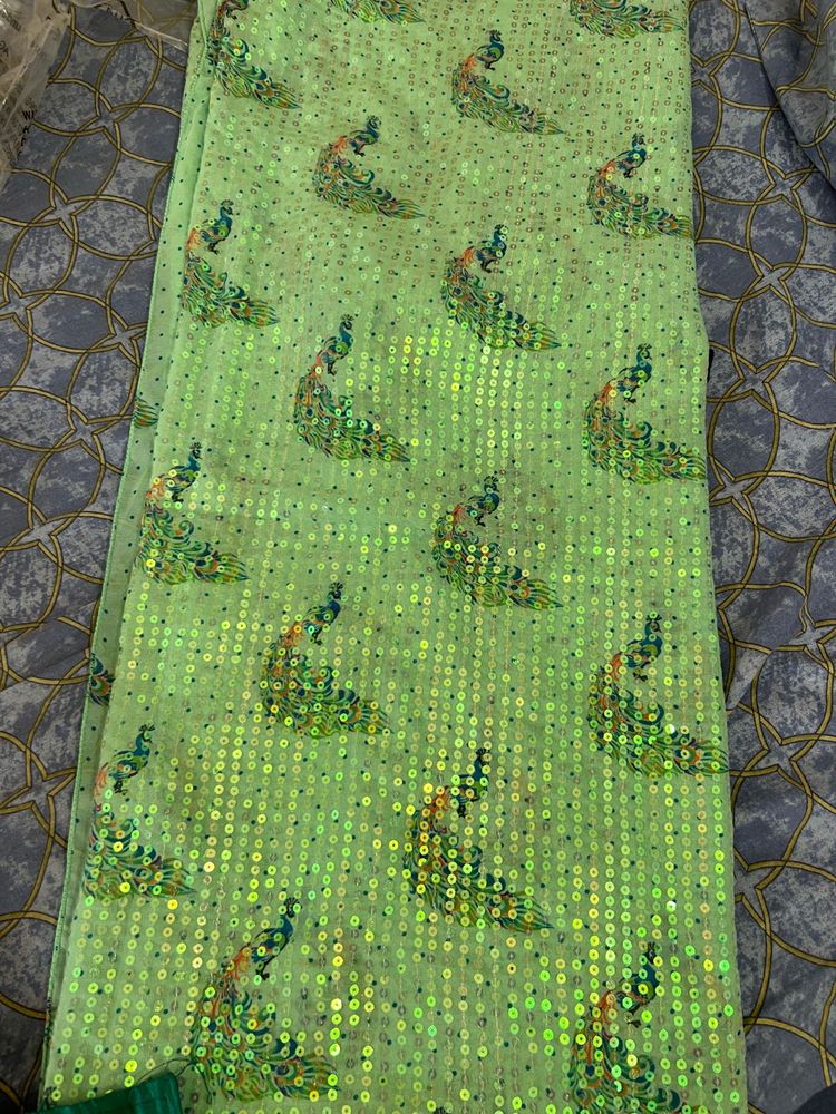 Green Sequin Peacock Saree with Blouse