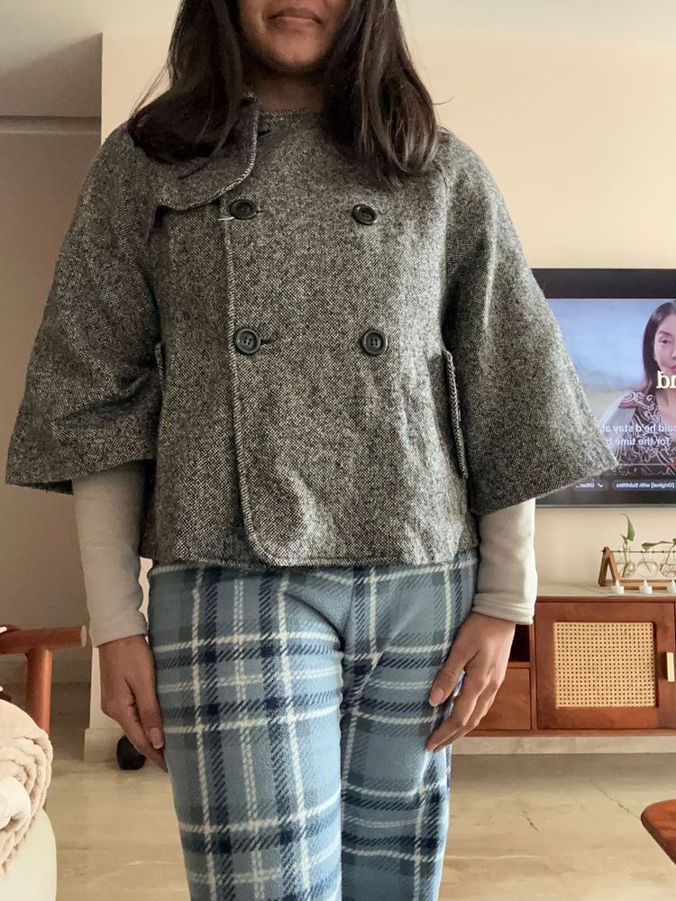 Gray Wool Blend Cape Jacket