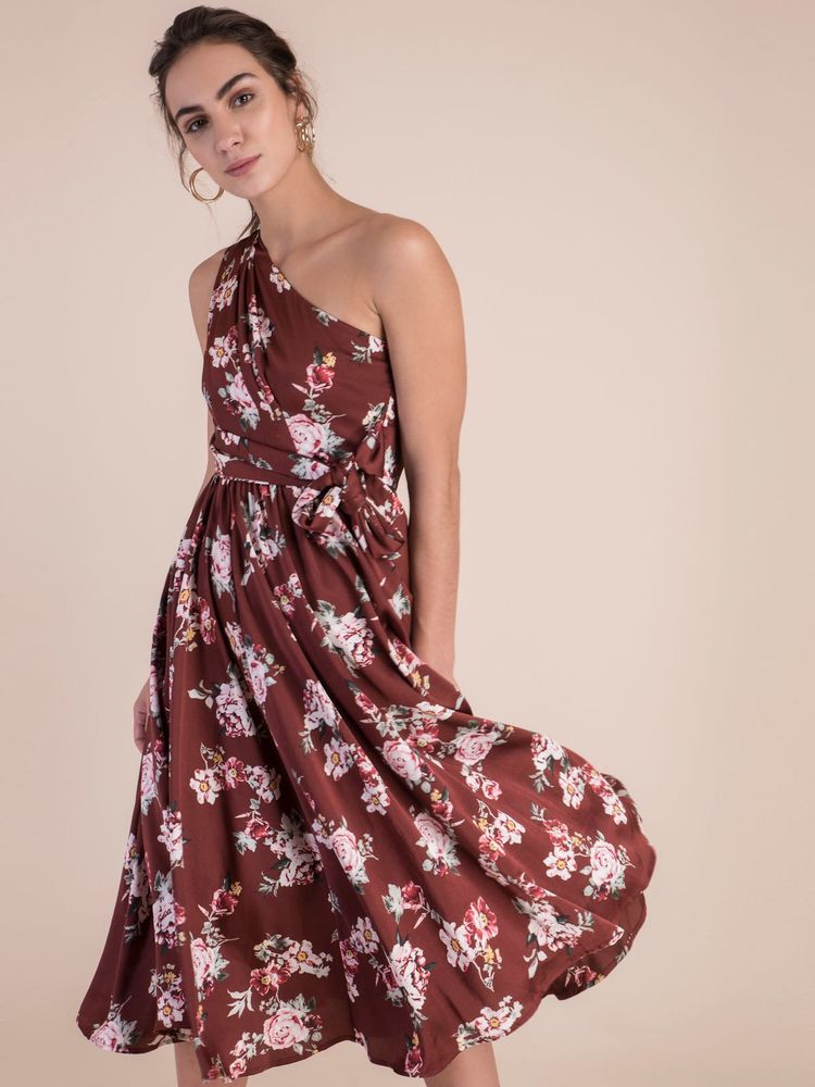 Cover Story Brown Floral Print Below Knee Dress