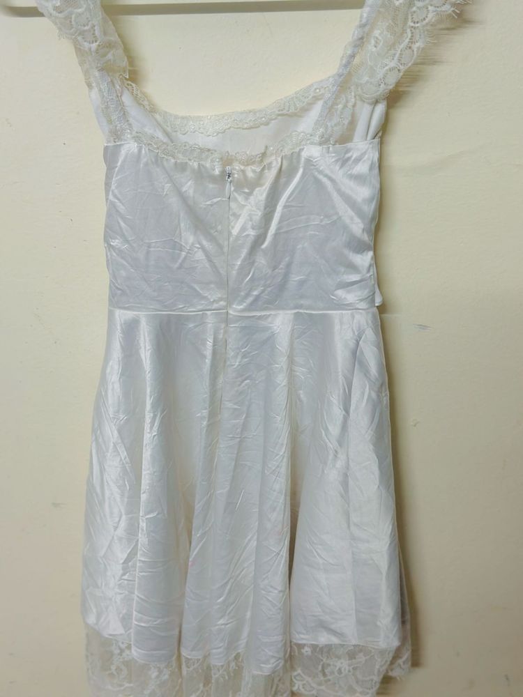 White Satin Lace Trim Mini Dress
