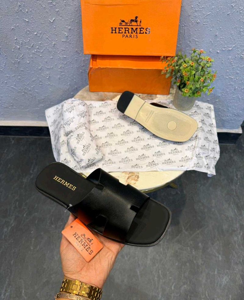 Hermes Black Leather Sandals