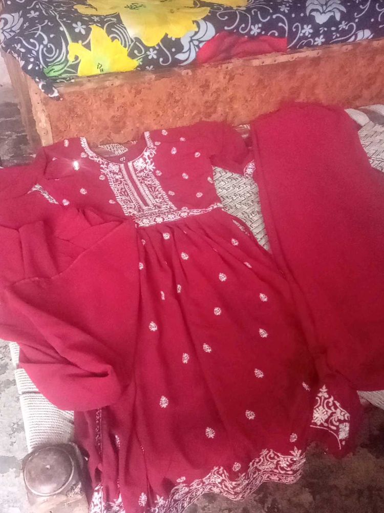 Red Embroidered Anarkali Suit