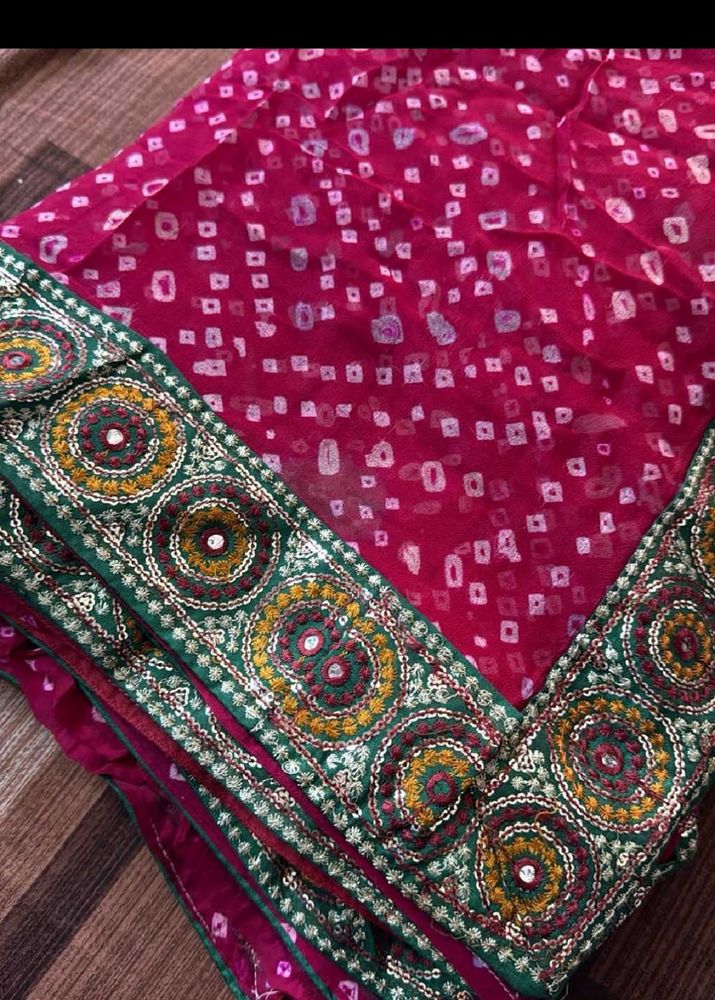 Pink Bandhani Sari with Embroidered Border