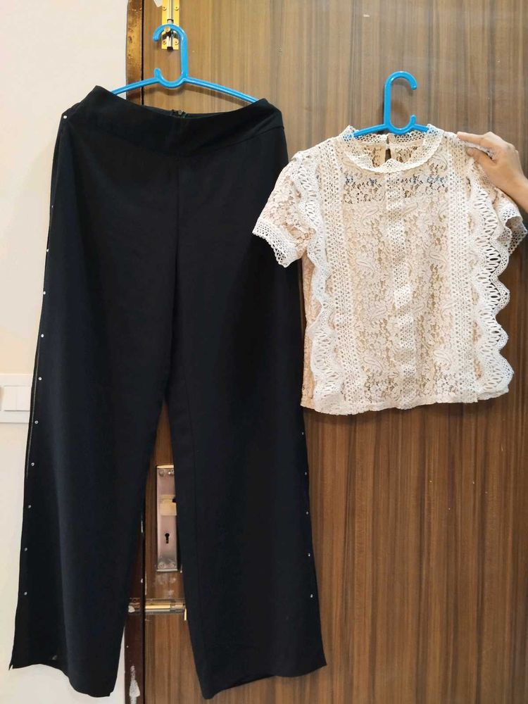 Crochet Top With Straight Georgette Pants