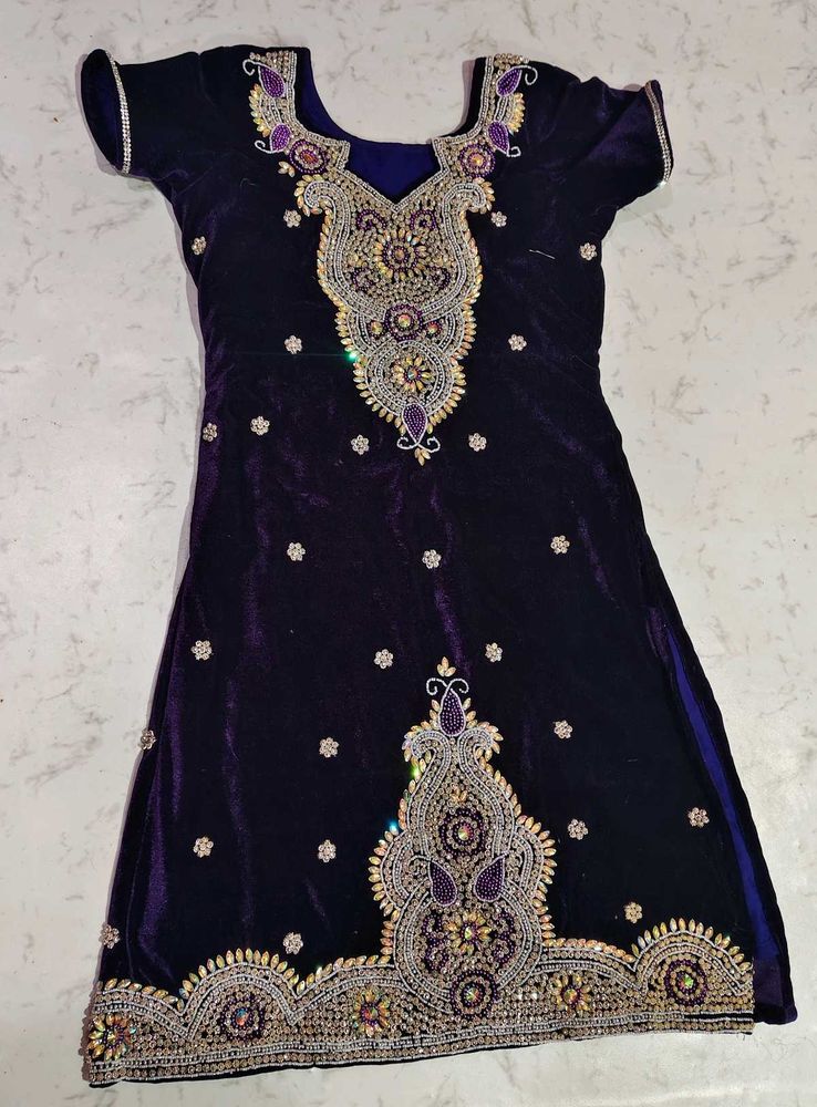 Heavy Work Purple Velvet Embellished Kurti