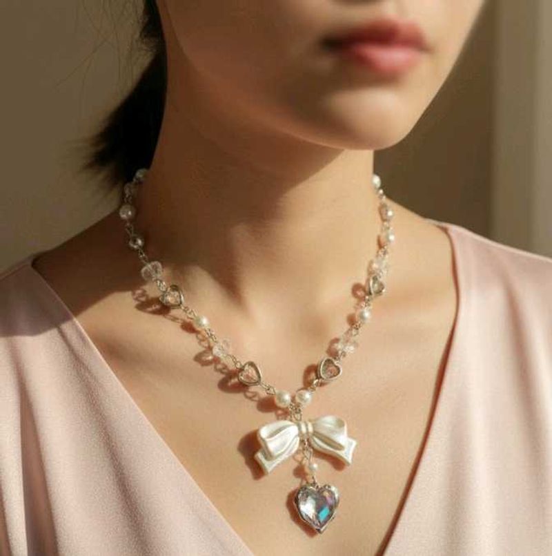 Bow Heart Pearl Necklace