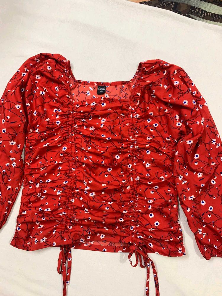Red Floral Ruched Blouse