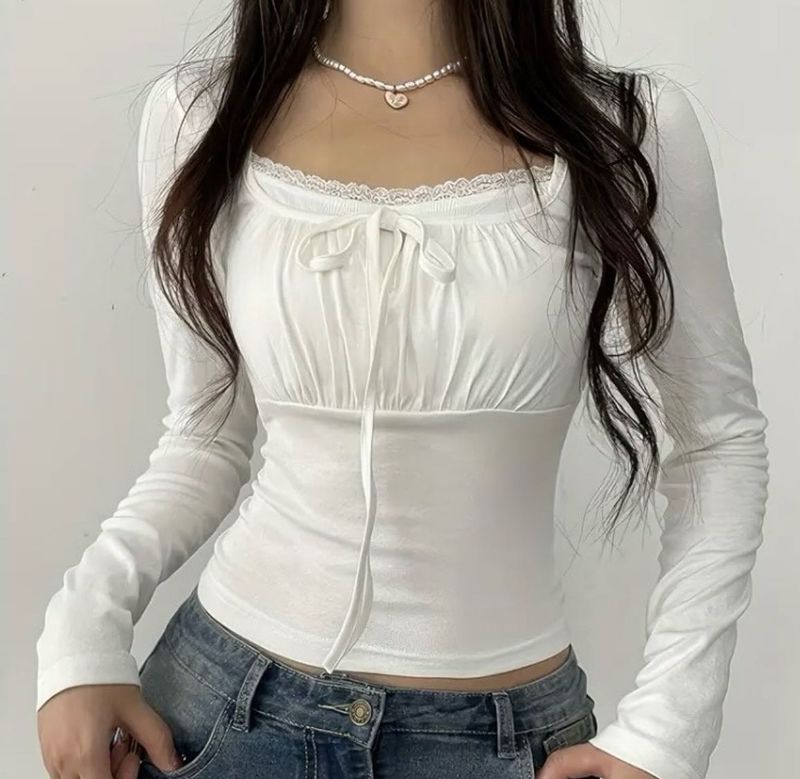 Lace Detail Tie String Fitted Top