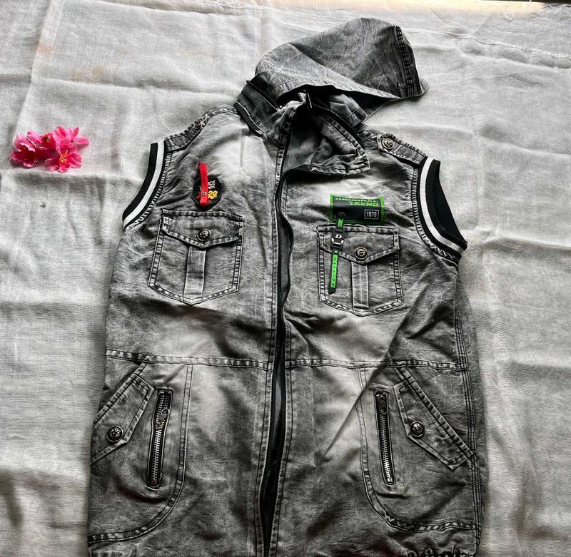 Gray Denim Vest with Hood