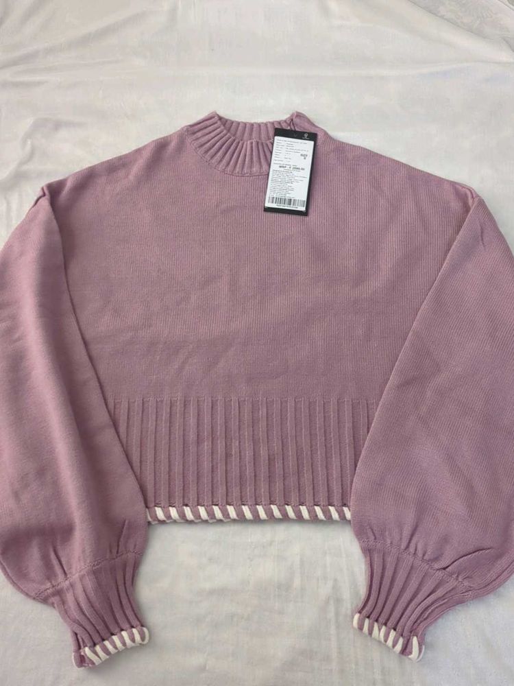 Lilac Balloon Sleeve Cropped Sweater