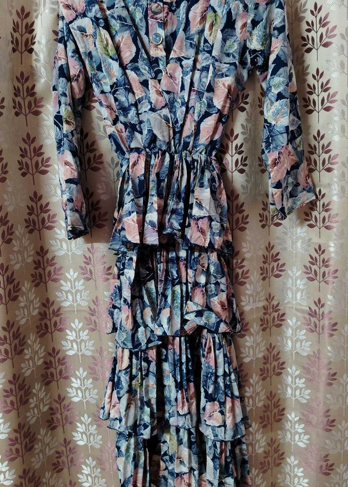 Falred Cute Leafprint Pink Blue Midi Dress