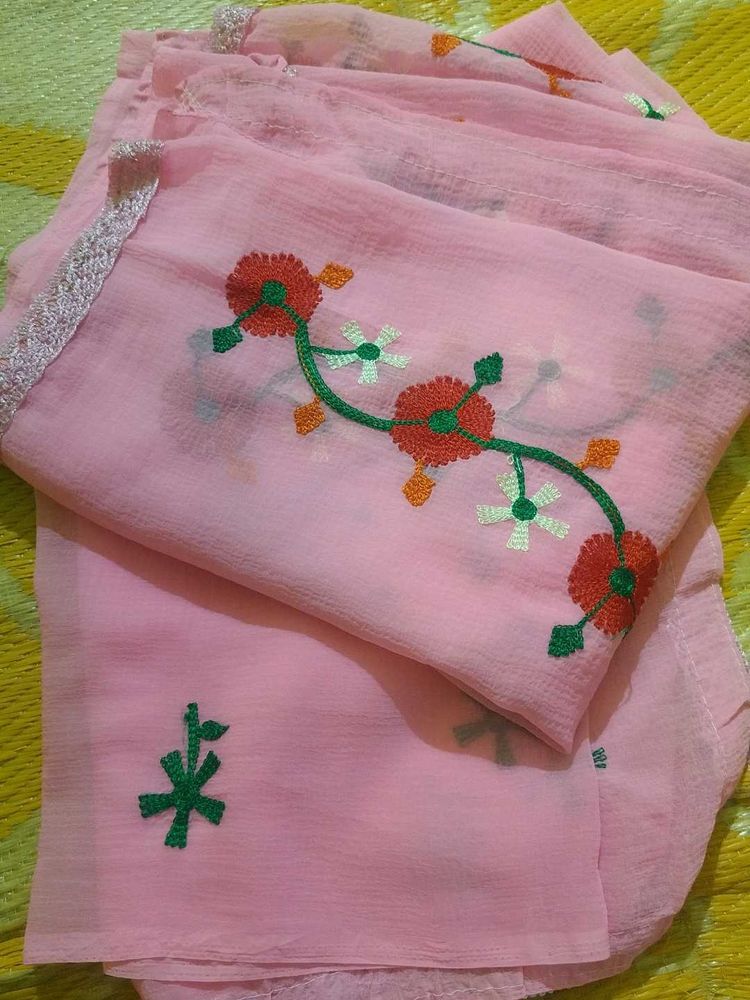 Texture Chiffon Pink ColorThread Embroidery Saree