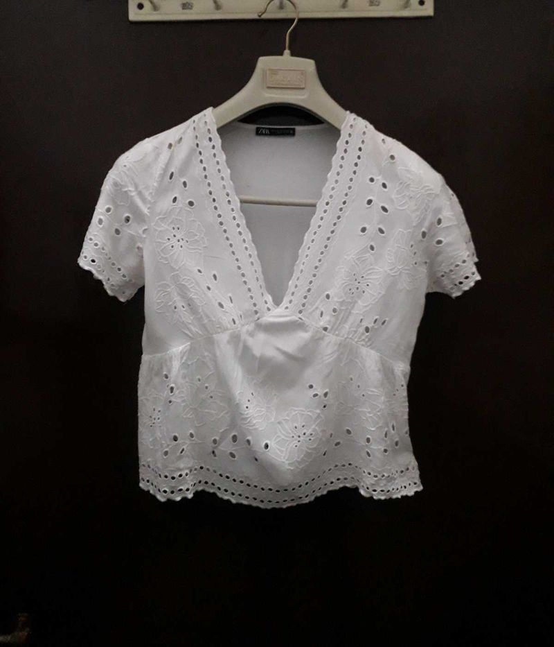 Zara White Eyelet Blouse