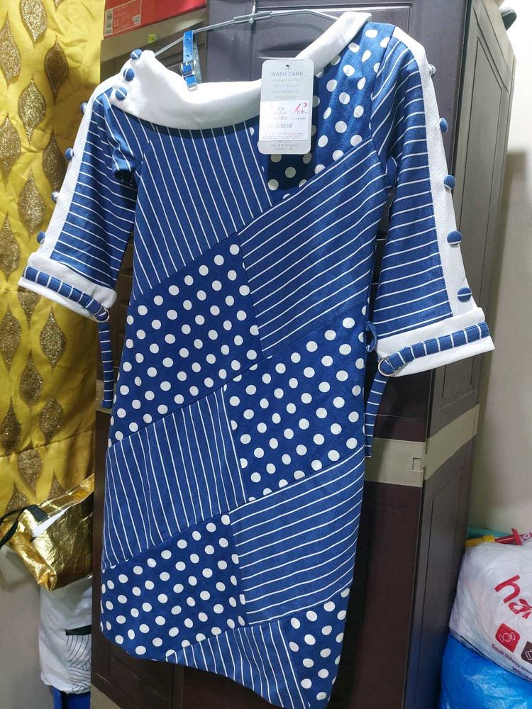 Blue Polka Dot &amp; Stripe Patchwork Dress