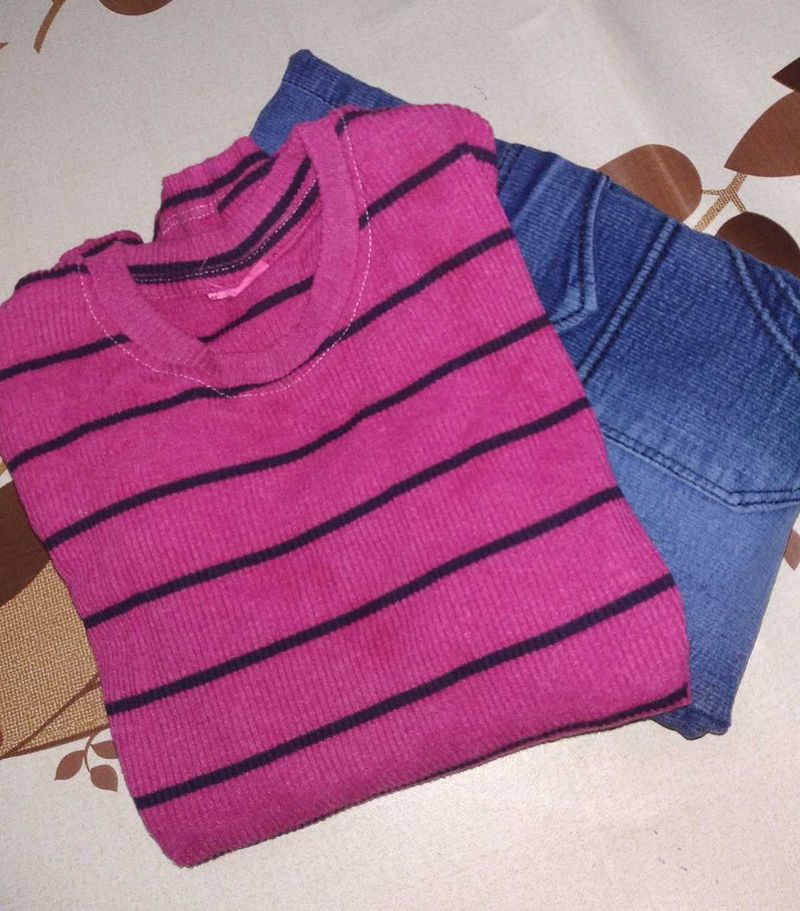 Cute Striped Top &amp; Jeans Set