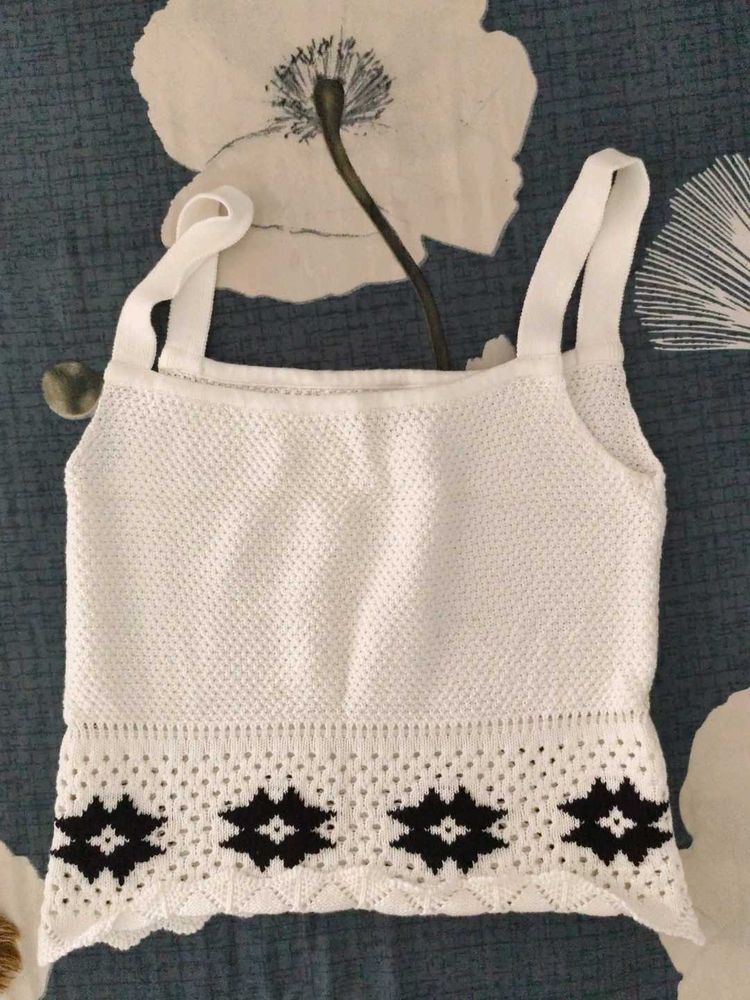 Boho White Knit Crop Top w/ Tribal Hem