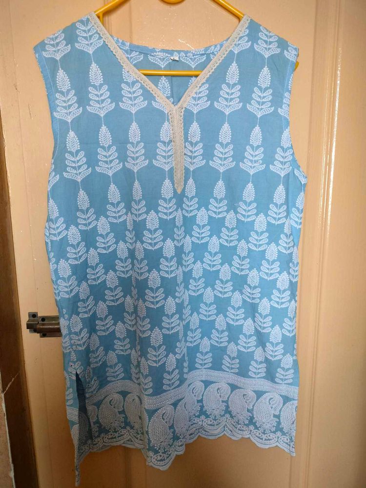 Powder Blue Chikankari Work Kurti For Women