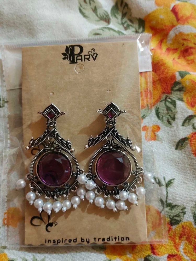Parv Purple Stone &amp; Pearl Drop Earrings