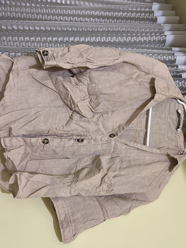 Beige Linen Button-Down Shirt
