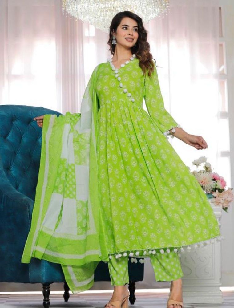 Lime Green Printed Kurta Set