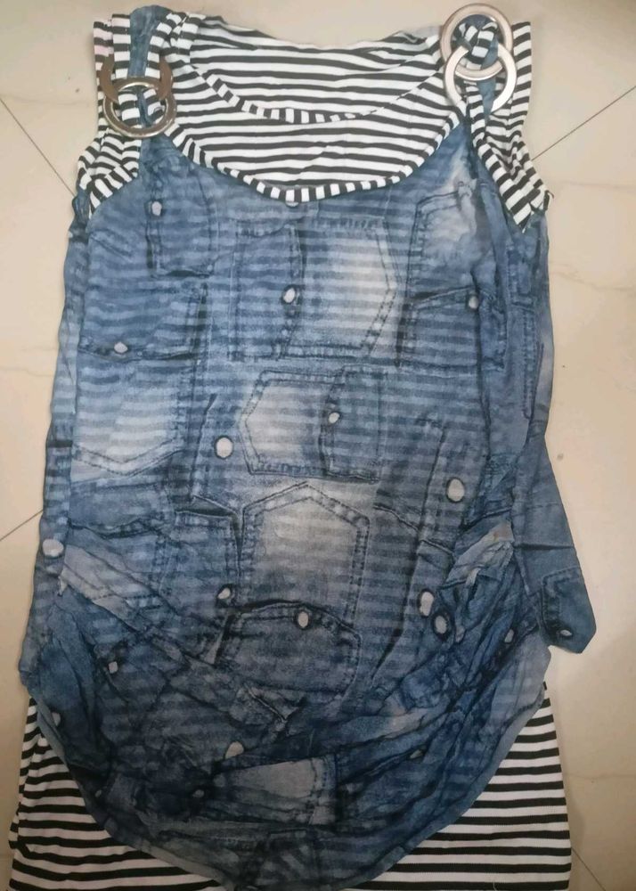 Striped &amp; Denim Print Tank Top