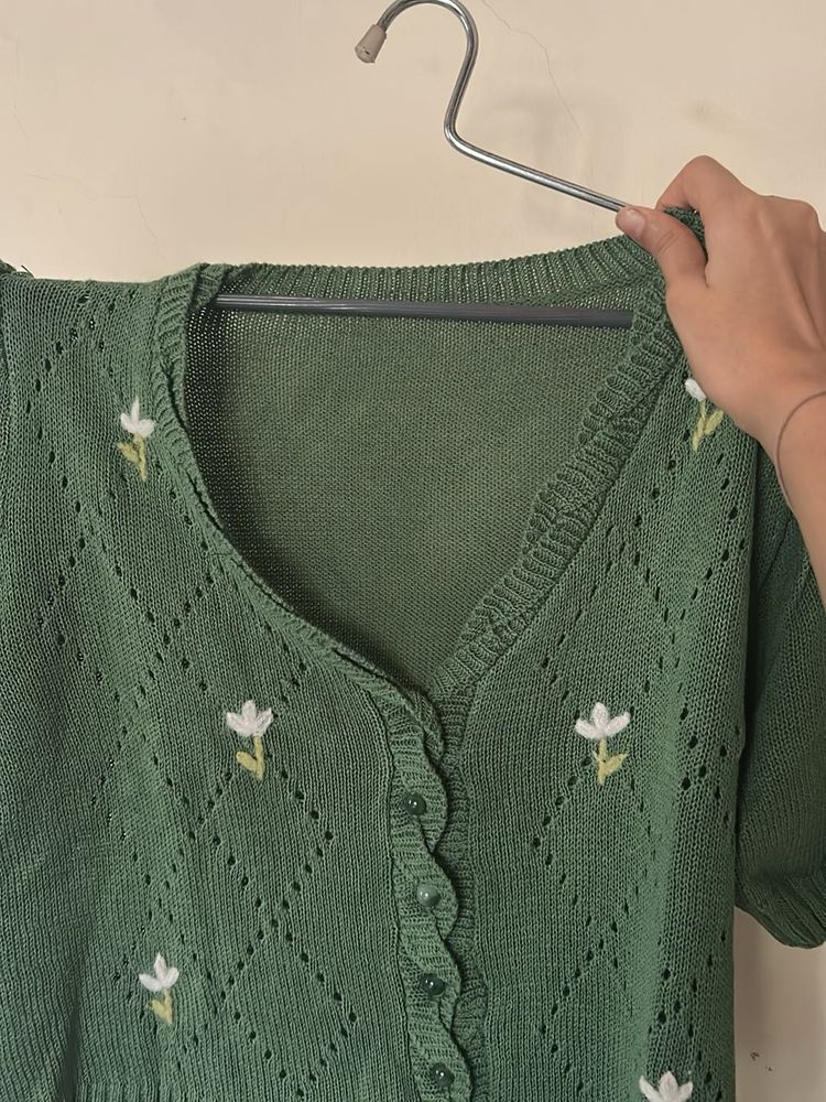 Floral Embroidered Green Cardigan
