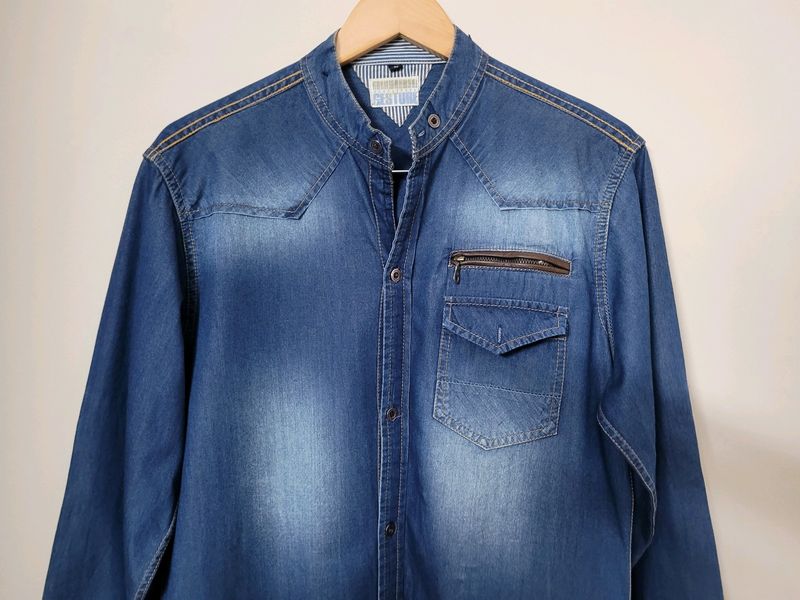 Gesture Denim Casual Shirt With Mandarin Collar